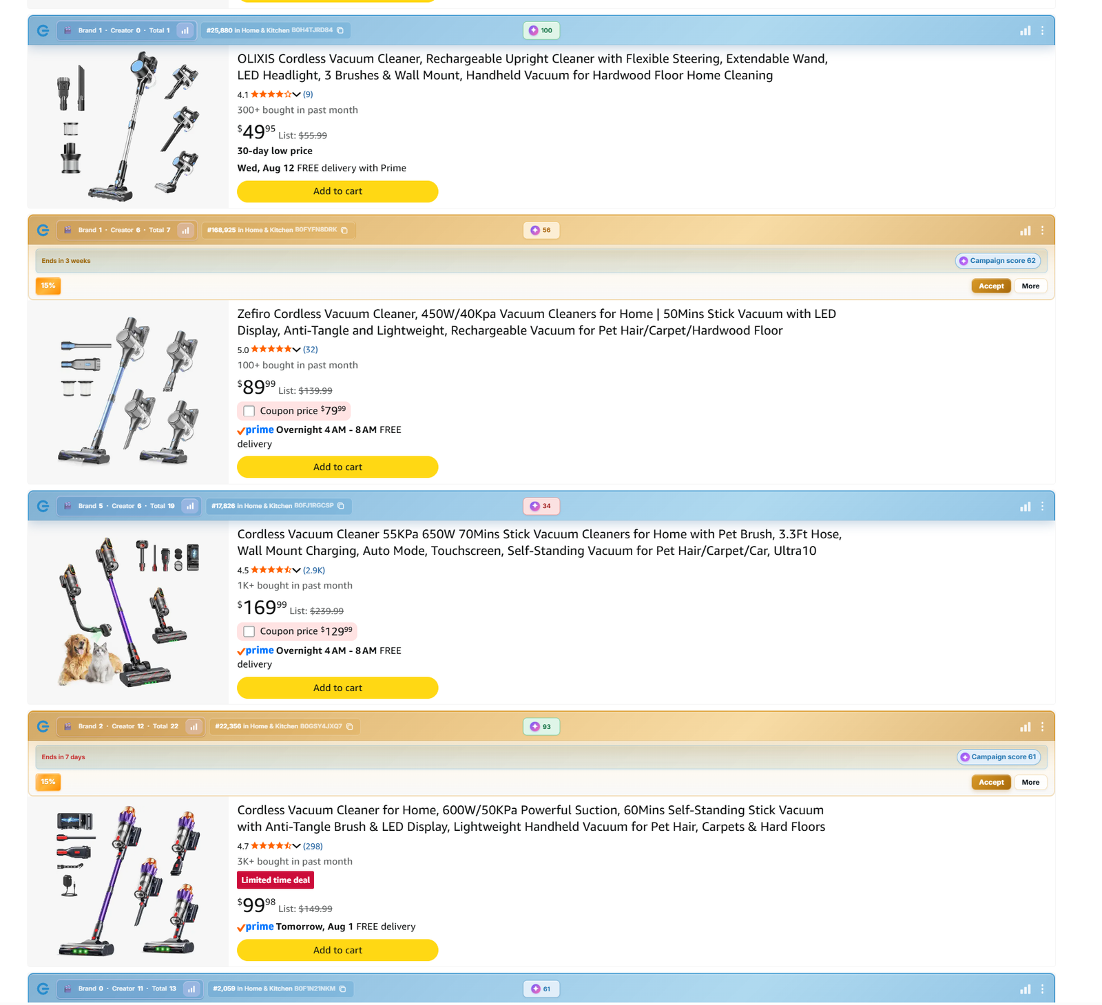 Amazon search page with Logie5 product scores and gold Creator Connections indicators